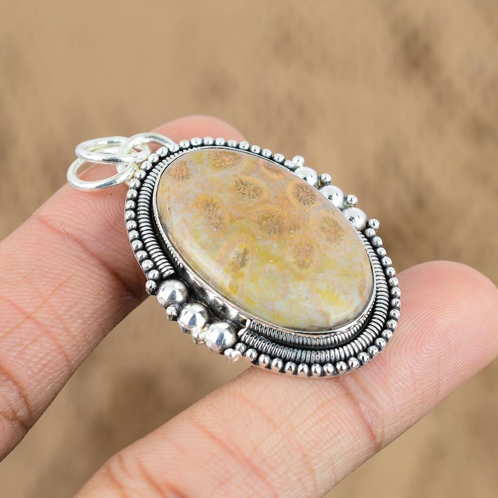 Womens Day Deal Fossil Coral Stone Sterling Silver Art Deco Engagement Pendant