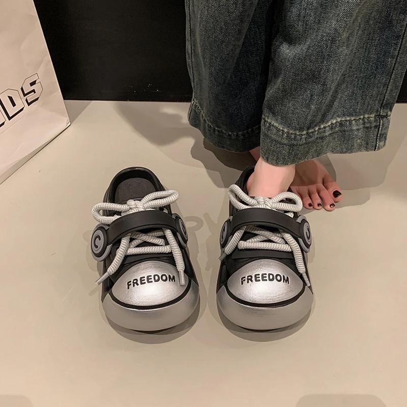 Fashion Women's Fashion Slippers Round Toe Platform Sole Lace-up Shoes Women Leisure Outdoor Korean Style Anti-Slip Zapatillas De Mujer