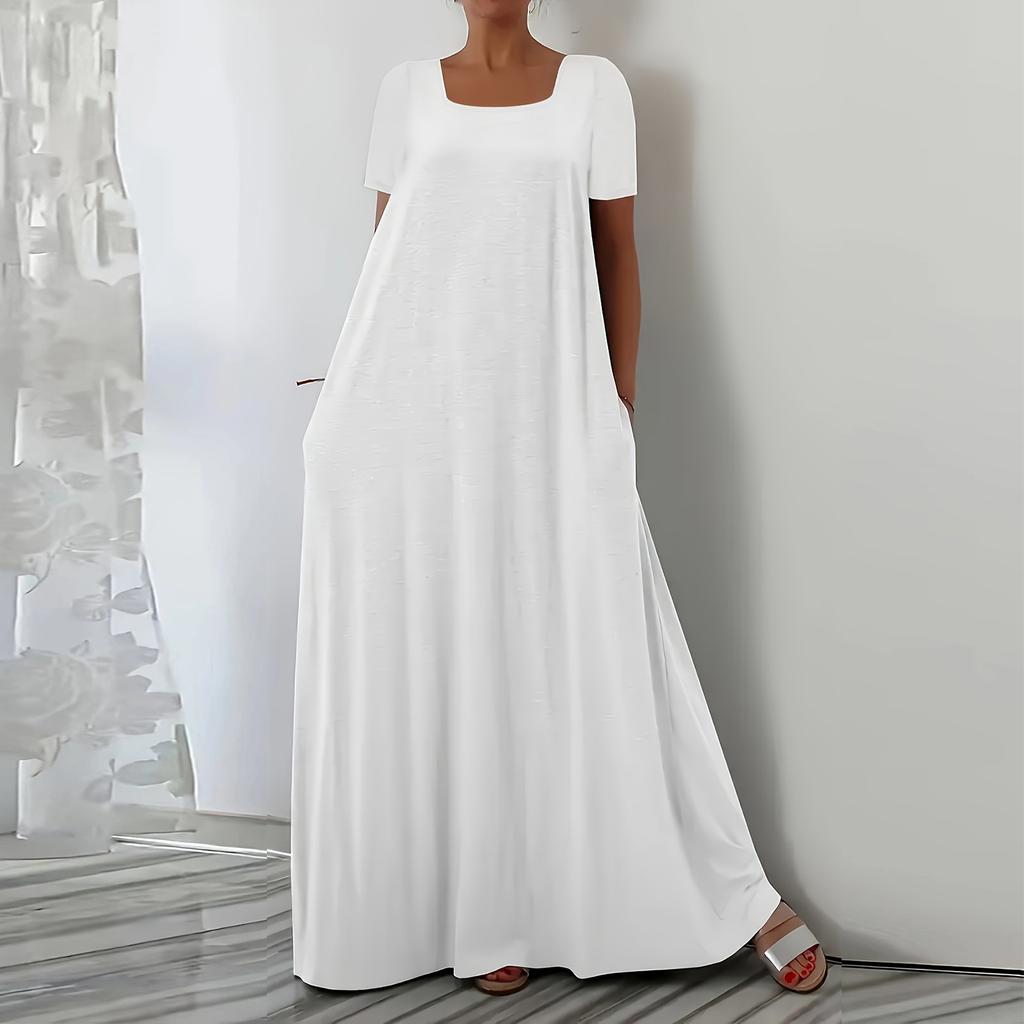 Women's Loose Fit Short Sleeve Square Neck Dress Plus Size Color Casual Summer Wear