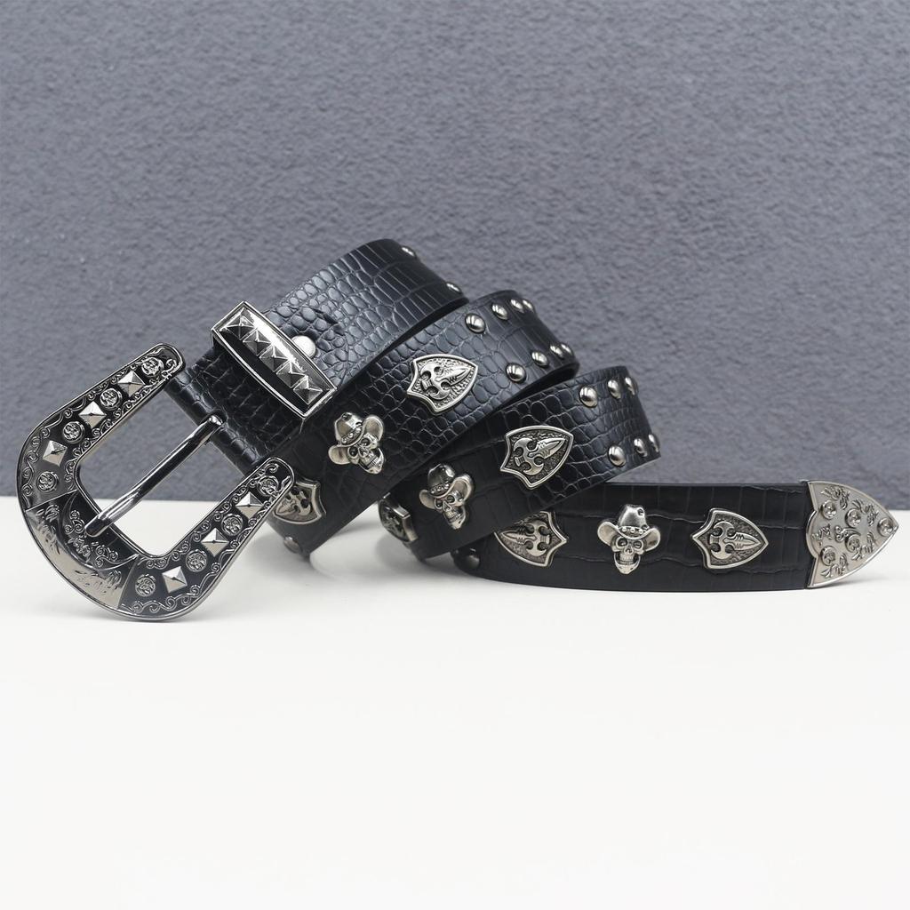 Crocodile Pattern Western Rivet Skull Leather Belt – Unisex Punk Y2K Style