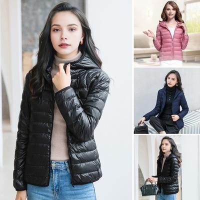 Daunenjacke für Damen im Winter mit Kapuze und Reißverschlusstaschen, gepolstert, mit Reißverschluss, einfarbig, Übergröße, lange Ärmel, leichte Jacke mit schmaler Passform