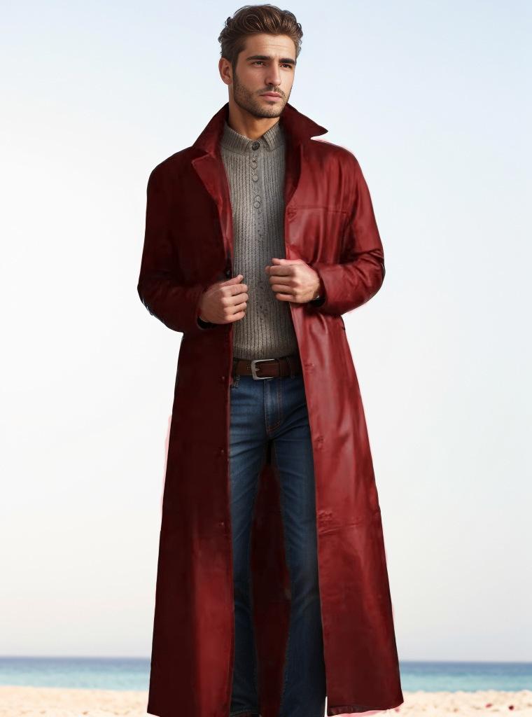 New Spring Commuter Men's Leather Jacket Extended Fashion Suit Collar Casual PU Leather Jacket Over Knee Leather Jacket