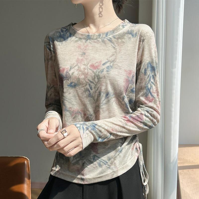 Spring and Summer New Style Elegant Loose-Fitting Top with Side Drawstrings Long-Sleeved Knitted T-Shirt Women's Printed Lightweight Blouse