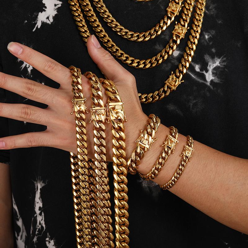 Factory Hip Hop Jewelry Men 8-14mm 18K Gold Plated Stainless Steel Miami Cuban Link Chain Luxury Necklace