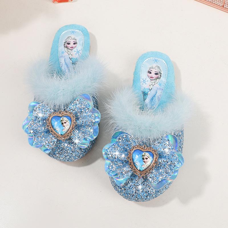 

Children s Winter Plush Slippers, Fashionable New Style, Girls Elsa Princess Home Flat-Toed Warm Cotton Slippers for Toddlers 23 синий
