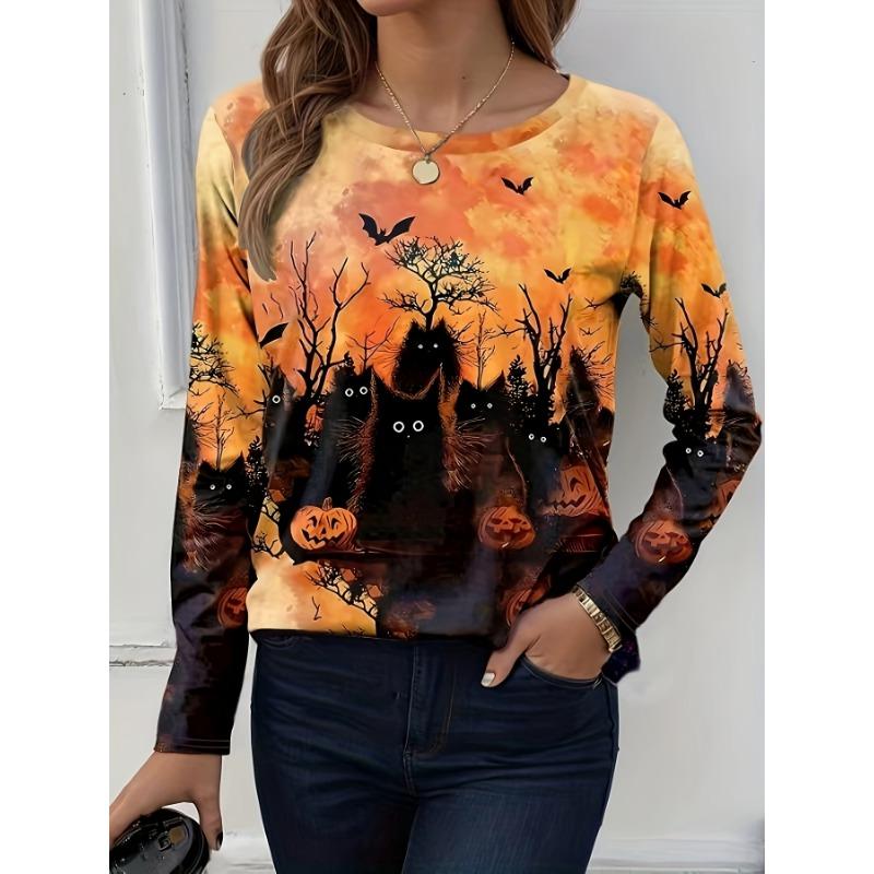 Halloween Damen Sweatshirt Designer Rundhals Langarm Locker Lässig Herbst Farbverlauf Spinnennetz Lustiges Muster Druck Oberteile
