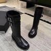 Metal Belt Buckle Low Heel Mid-Leg Boots Fashion Round Toe Soft Leather Autumn New High Knight Boots for Women