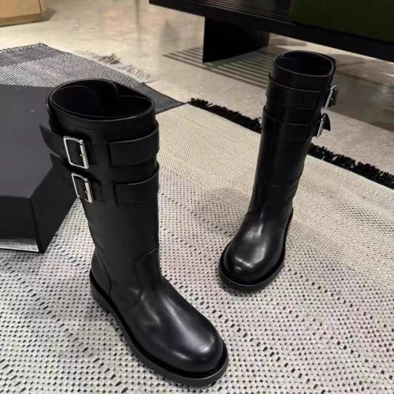 Metal Belt Buckle Low Heel Mid-Leg Boots Fashion Round Toe Soft Leather Autumn New High Knight Boots for Women