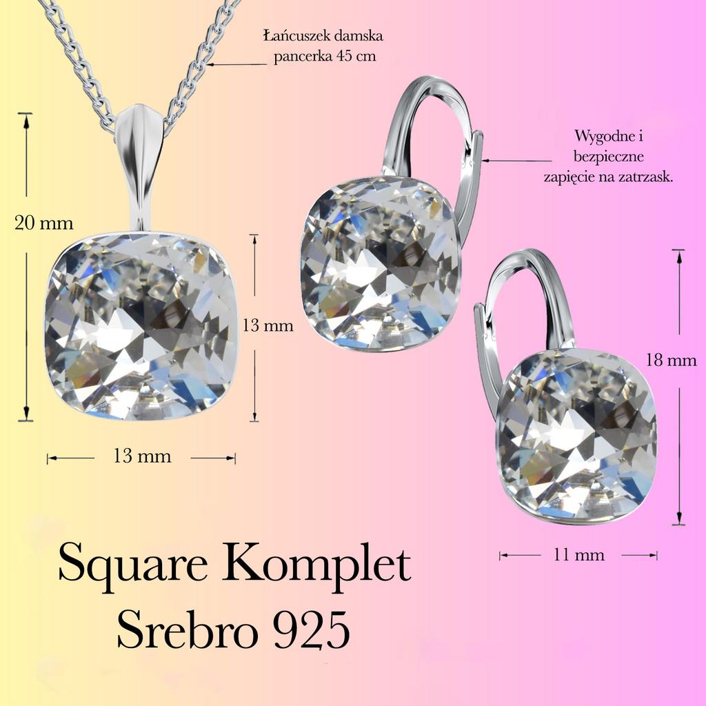 Srebrny komplet square kolczyki naszyjnik  prezent na urodziny imieniny- srebro 925 - crystal
