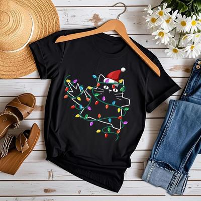 Black Cat Christmas Tree Light Fun Christmas Cat Tshirt New Casual Simple Versatile Womens Short Sleeved Tshirt