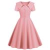 Retro Women Dress Turn-down Collar Shortn Sleeves A-line Big Swing Buttons Slim Fit Solid Color 50s Ball Prom Midi Dress