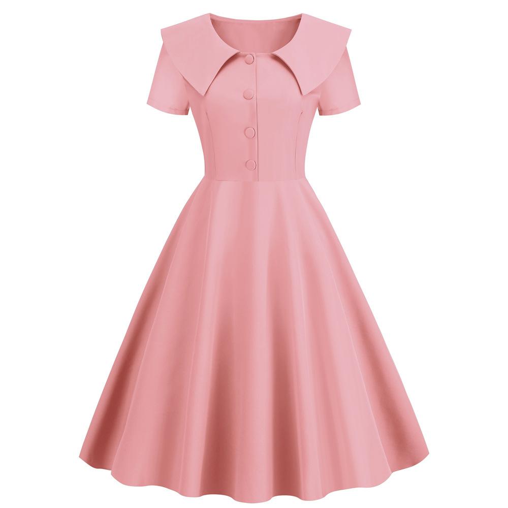 Retro Women Dress Turn-down Collar Shortn Sleeves A-line Big Swing Buttons Slim Fit Solid Color 50s Ball Prom Midi Dress