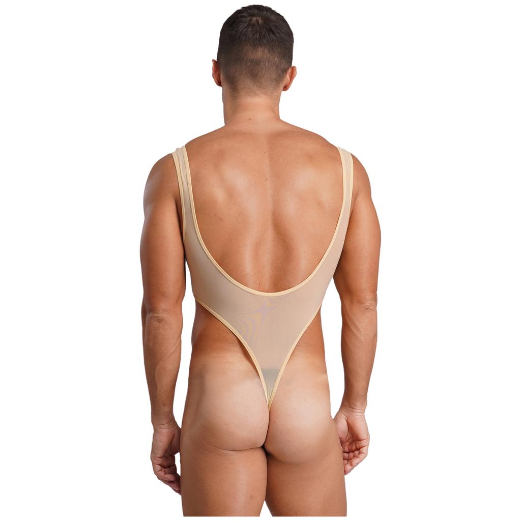 Herren Durchsichtiges Netz Ärmellos Offener Rücken Beutel Hoher Beinausschnitt Einteiler Bodysuit Jumpsuit