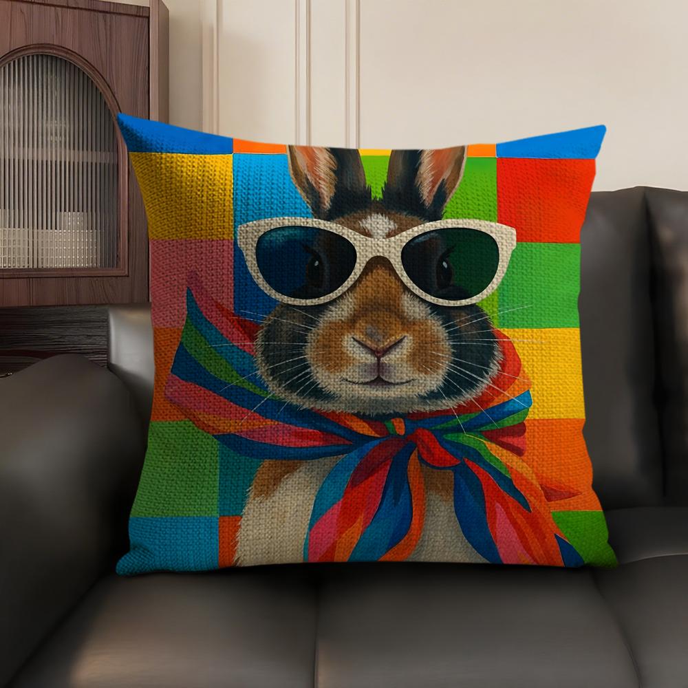 Cute Rabbit Art Cushion Cover Summer Breathable Linen Organic Fabric Double-Sided Printing Sofa Pillow Case Home Decor