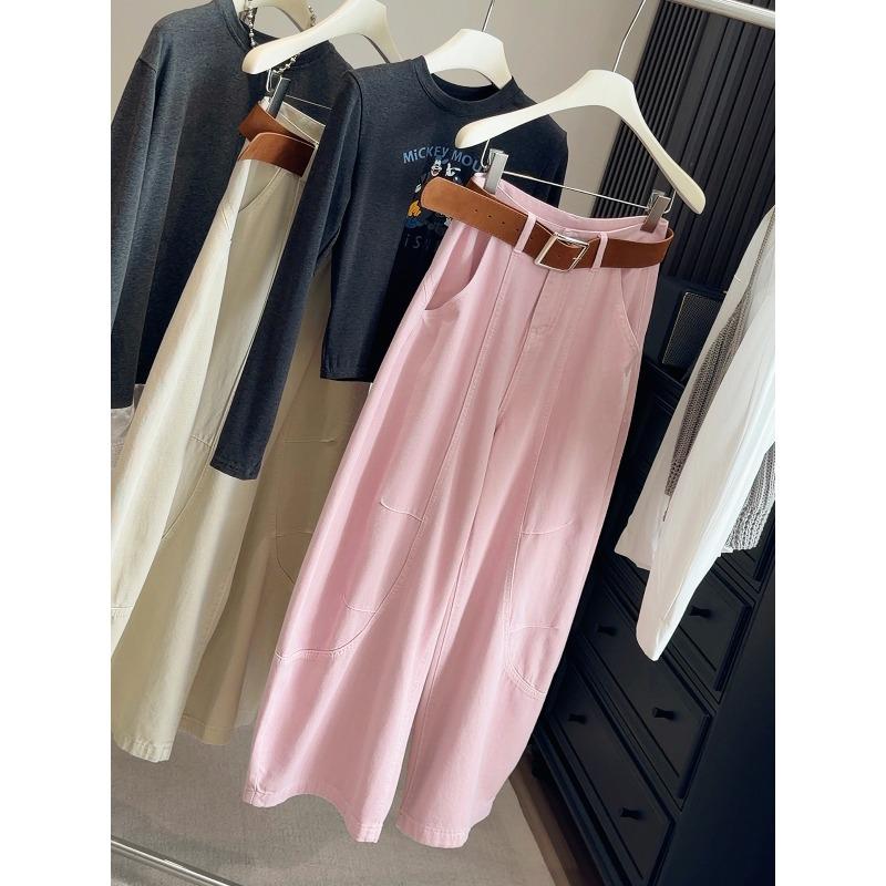 

Pink tooling wide-leg scimitar jeans women s spring new models, loose bf lazy style thin floor-mopping sickle pants XL розовый