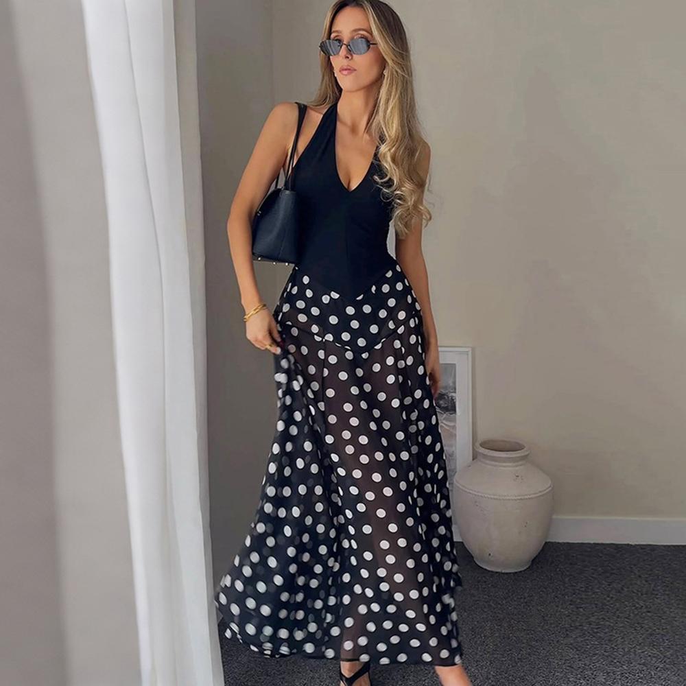 Talenza Women'S Polka Dot Long Dress Sexy Backless See-Through Printed Dress Summer High Waist New Party Y2K Women'S Dress