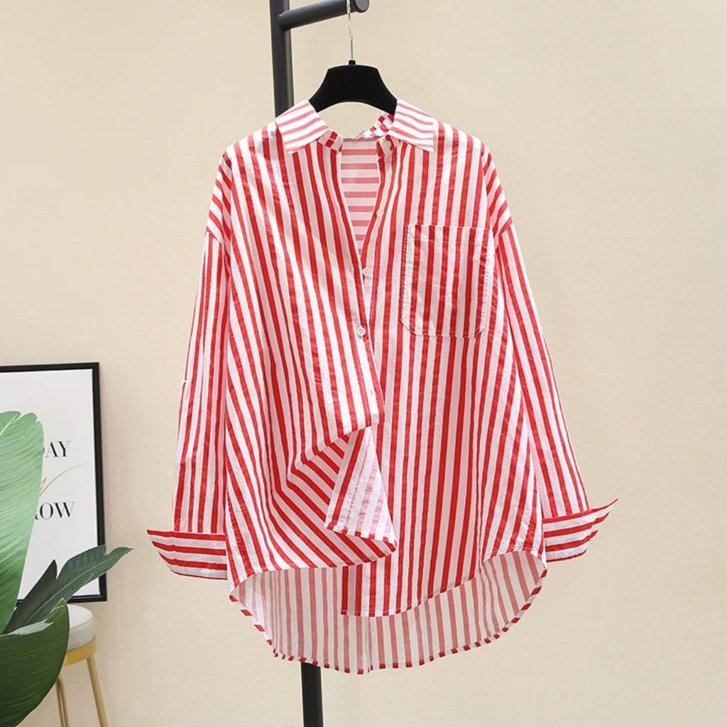 Spring and Summer Long-sleeved Shirt Women's Fashion Casual Vertical Striped Loose Shirt Women
