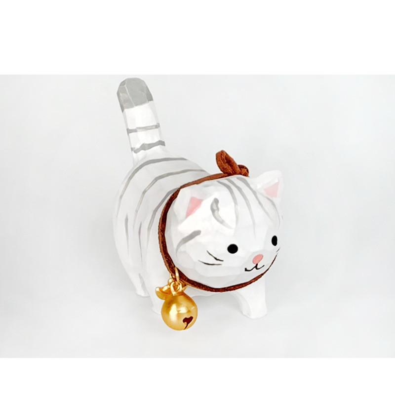 Wooden Handcrafted Carved Cat Figurine Cute Bell Desk Decor For Gifts And Home Office