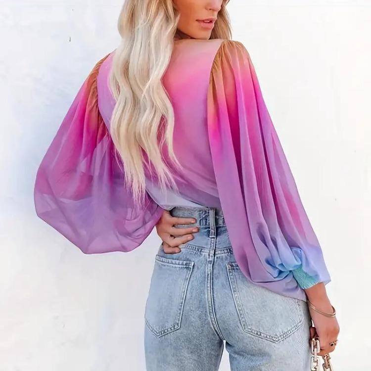 Women Casual Lantern Long Sleeve Blouse Gradient Print Surplice Neck Spring Fall Clothing