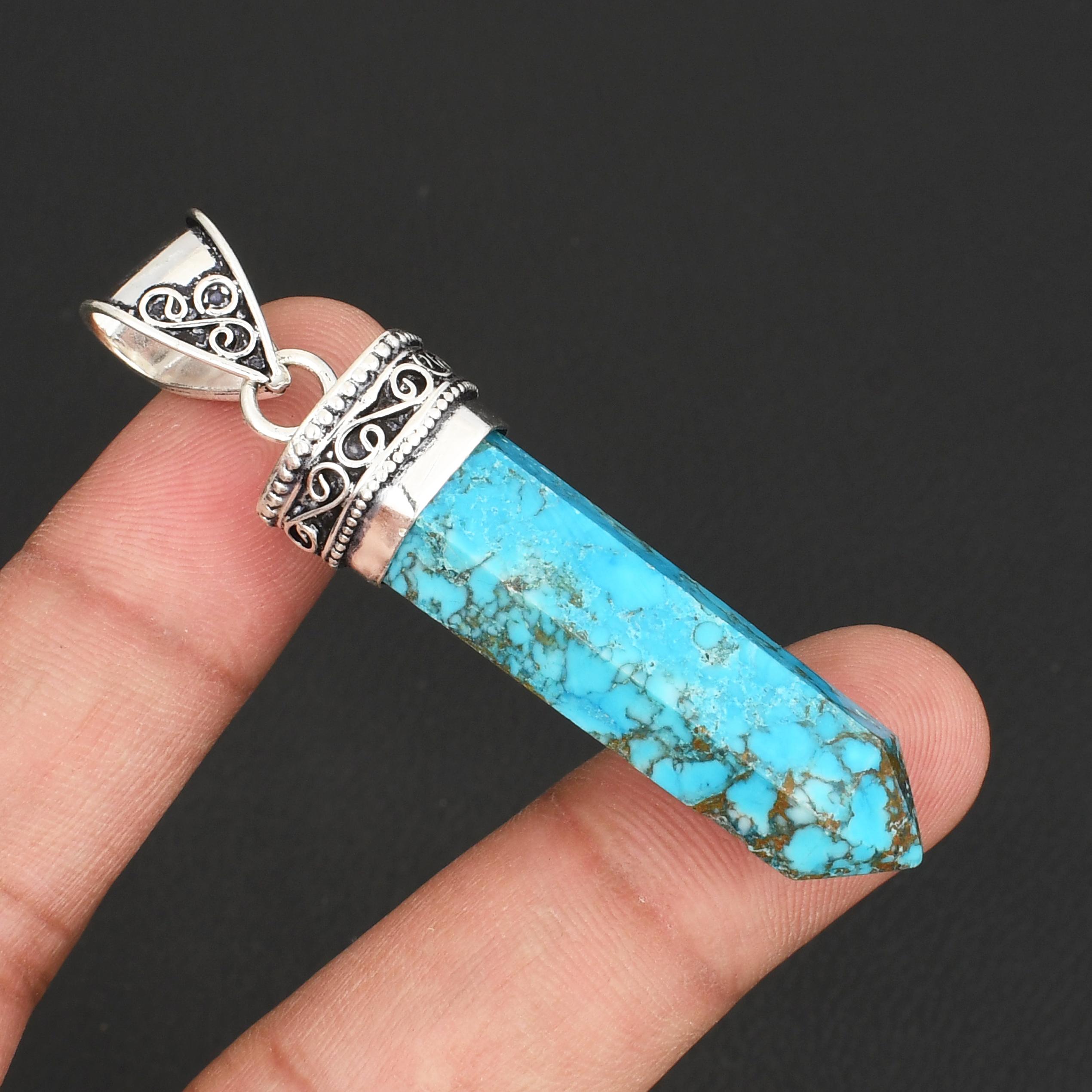 Бирюзовый камень Шестигранный наконечник Подвеска 925 стерлинговое серебро Винтажный филигранный кулон-шарм для женщин и мужчин