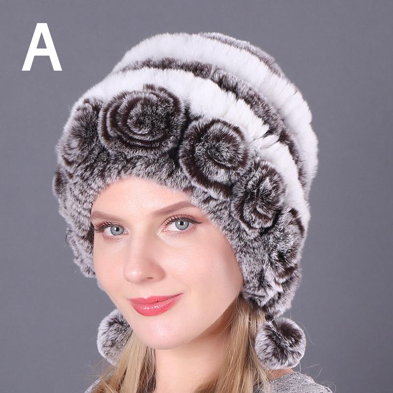 1PCS Fashion Rex Rabbit Fur Hat Fur Ball Beanies Earmuffs Hat Warm Caps Autumn and Winter Women's Comfortable
