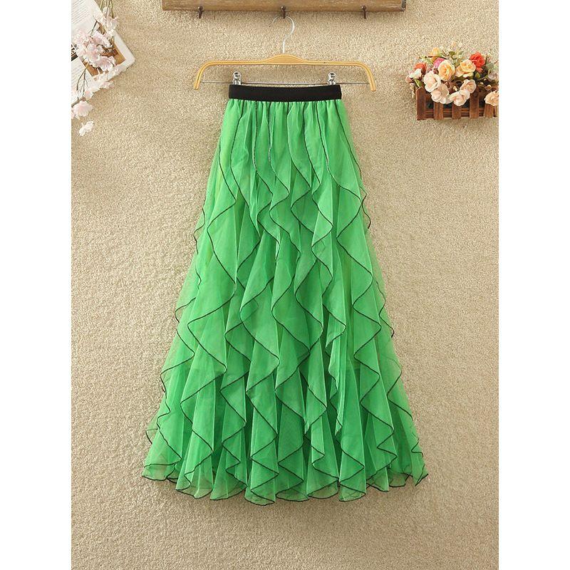 Elastic Waist Ruffled Half Length Skirt Elastic Waist Frill Half Length Long dress