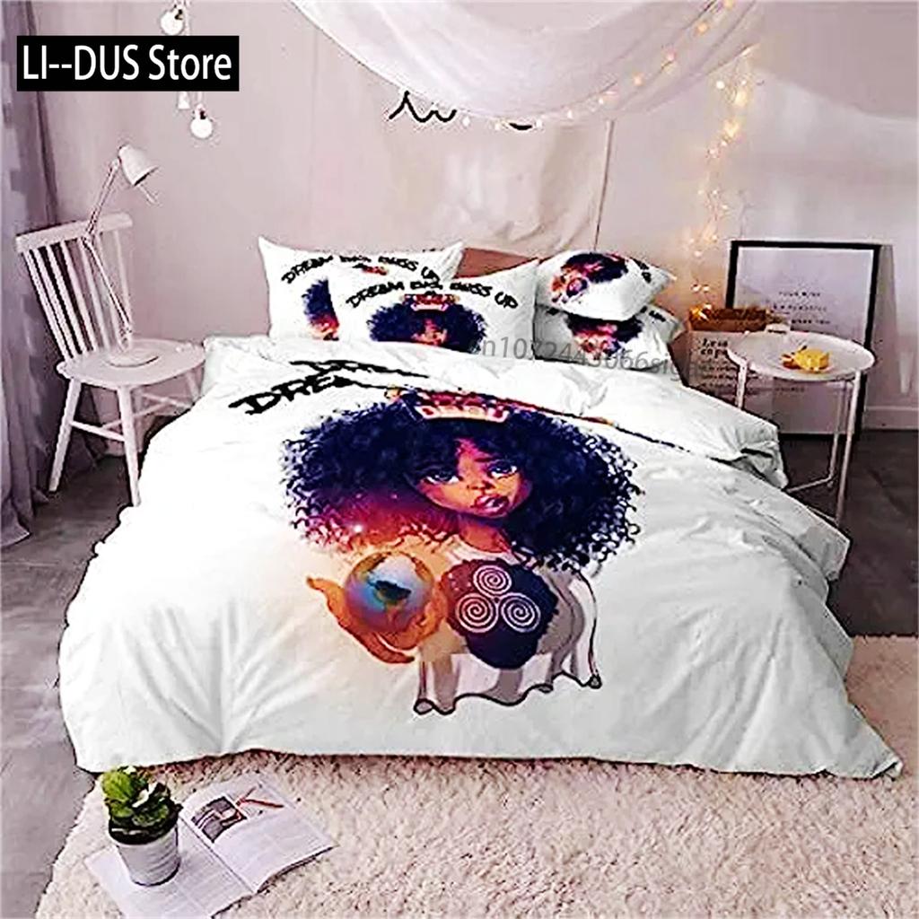 African American Black Girl Duvet Cover Black Girl Magic Bedding Set Cute Little Afro Black Princess Bed Cover Girl Room Decor