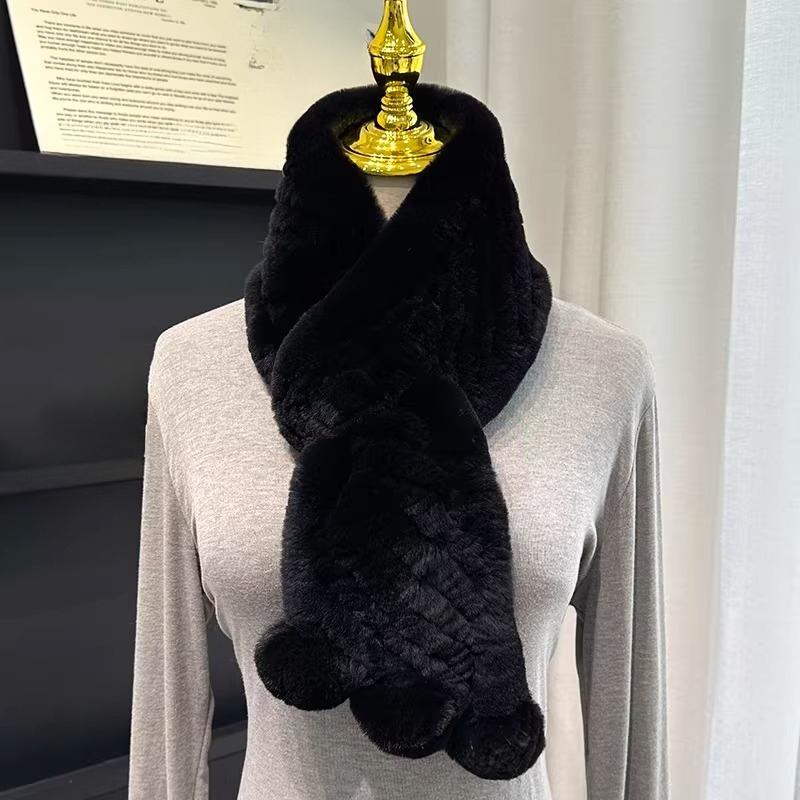 Korean Real Rex Rabbit Fur Whole Leather Woven Scarf Double-sided Thickened Warm Scarf Cute Ball Fur Collar Children