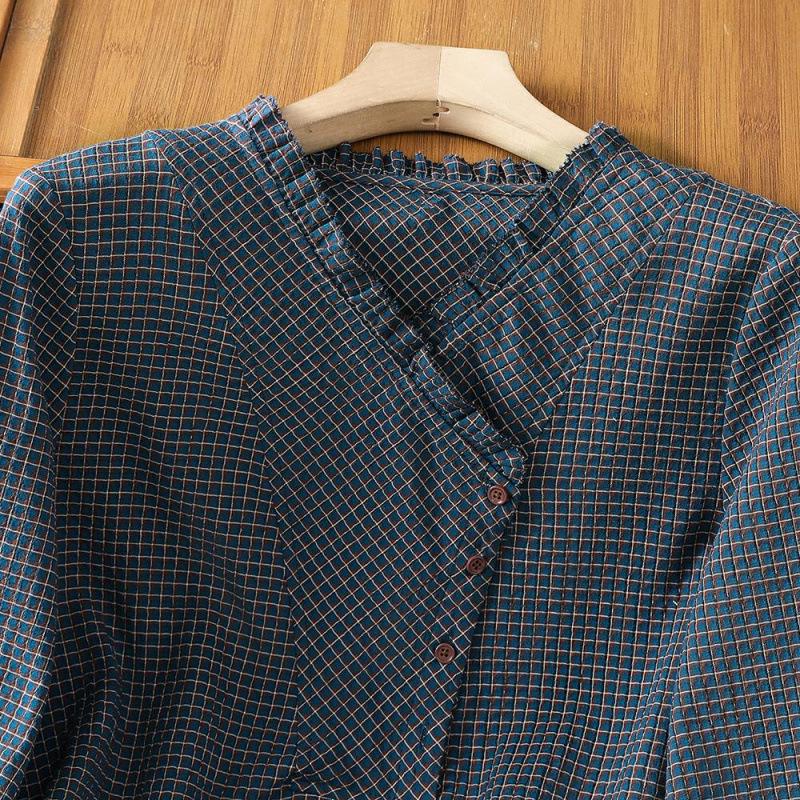 Women's Blue Cotton Plaid Long Sleeve Shirt - Stylish Autumn 2026