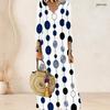 Women Plus Size V Neck Three Quarter Sleeve Polka Dot Printed Long Dress