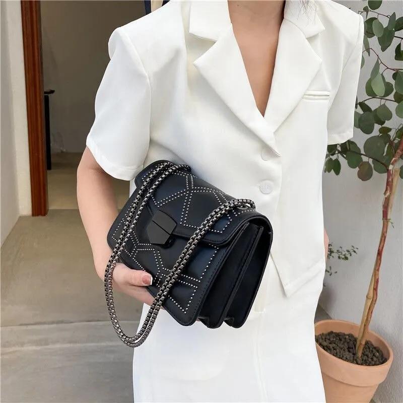 Vintage Rivet Chain Small Shoulder Bags For Women Flap PU Leather Fashion Small Square Crossbody Bag  Handbag