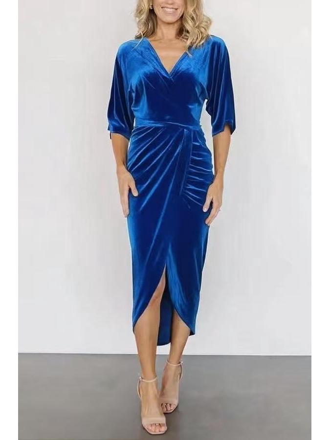 European V-neck Batwing Sleeve Waist-Cinching Pleated Party Dress XXL