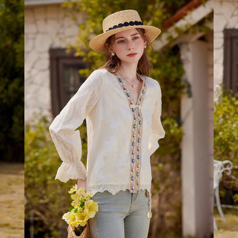 Elegant V-Neck Embroidered Lyocell Blouse