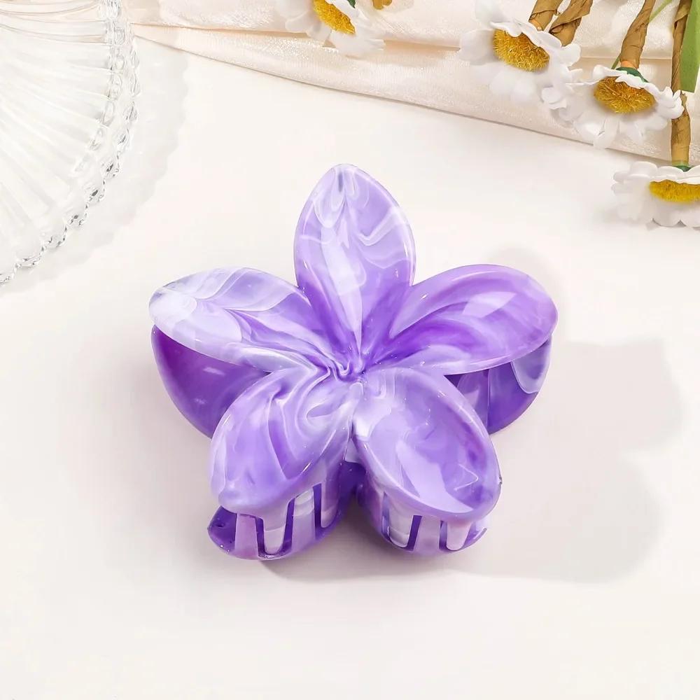 8cm Marble Pattern Frangipani Flower Hair Claw for Women Handmade Dyeing Design Acrylic Large Shark Clips Vacation Accessories