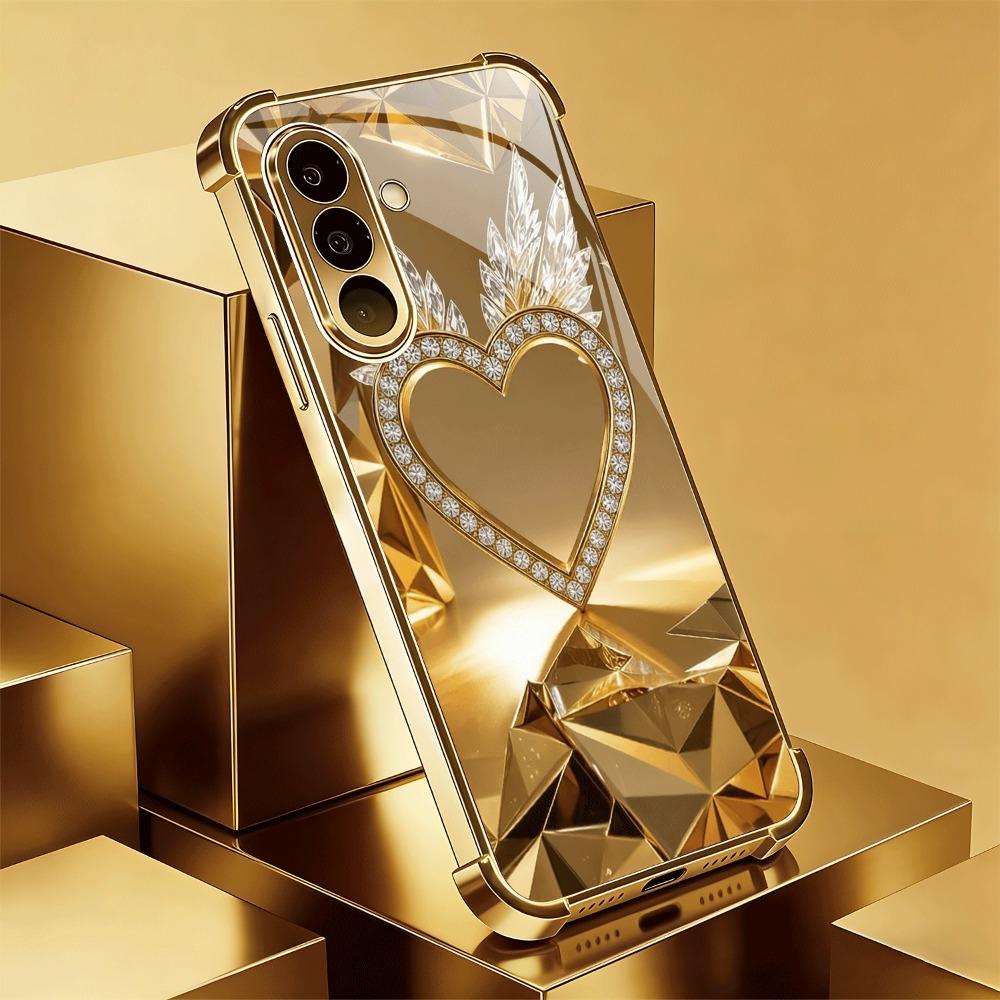 Skleněné pouzdro na telefon se vzorem zlatého křídla ve tvaru srdce vhodné pro Samsung Galaxy S26 S25 S24 S22 S21 S20 FE/Ultra/Plus proti pádu
