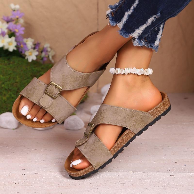 Summer new classic belt buckle cork slippers flat-bottomed slippers beach outer slippers