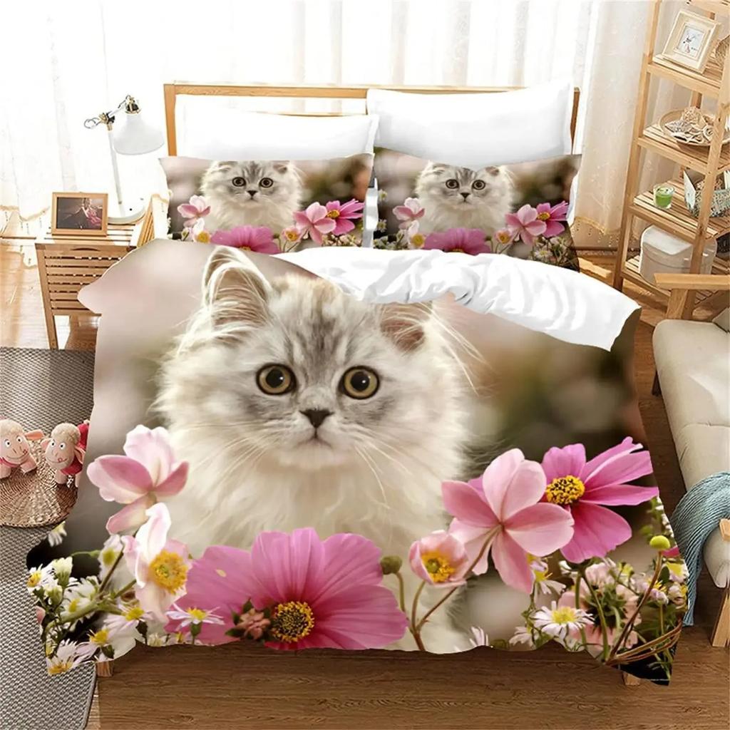Orange Cat Duvet Cover Set King Queen Size Cute Animals Pattern Polyester Comforter Cover Quilt Cover For Kids Teens Bedding Set