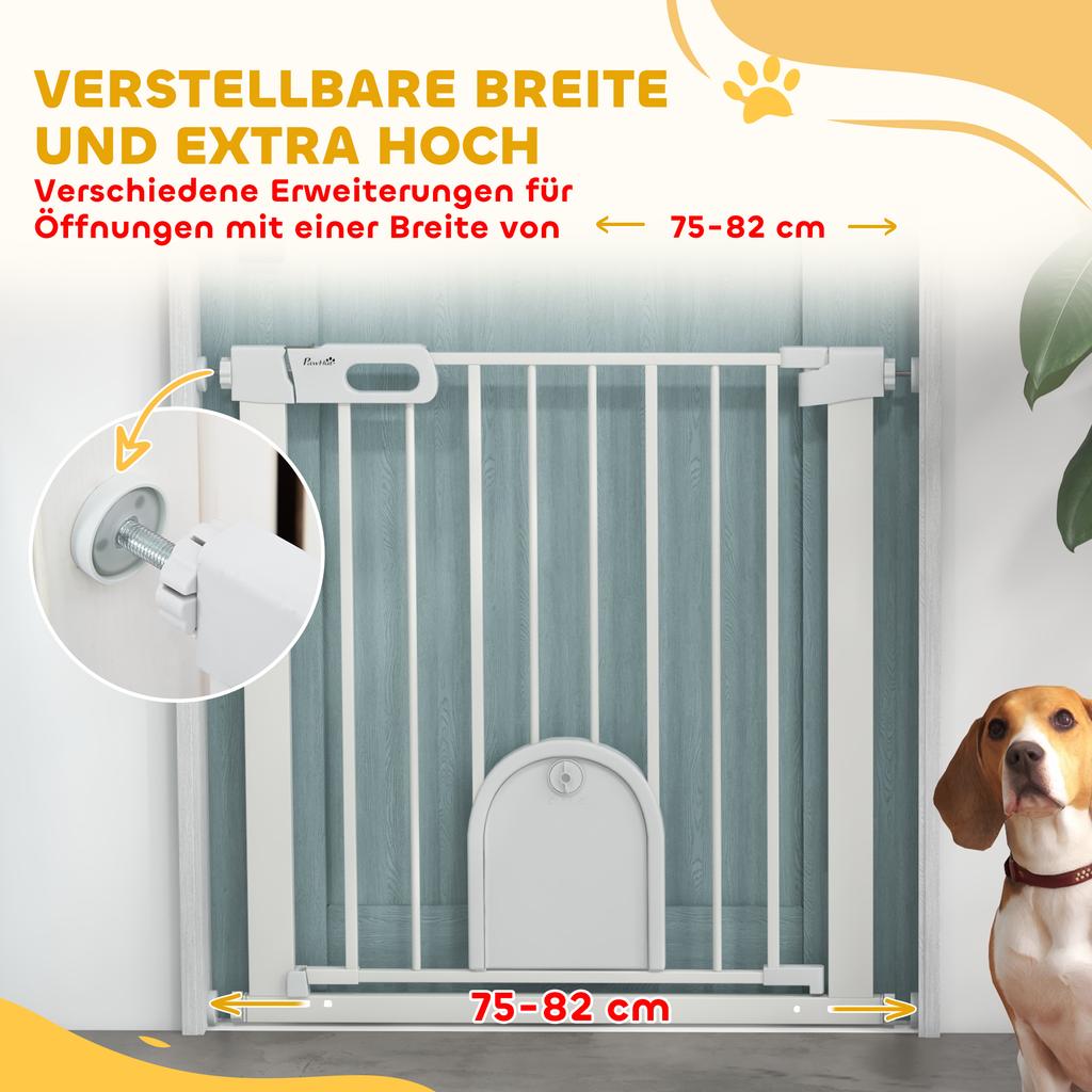 75-82cm Pet Safet Gaye, Pressure Fit Stair, with Cat Flap, Double Locking, White