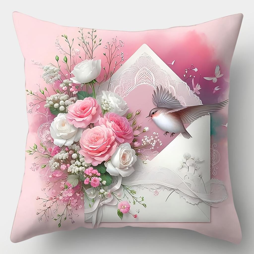 Elegant Pink Floral & Heart Pillowcase: Romantic Rose Pattern Cushion Cover For Sofa Bedroom Home Decor