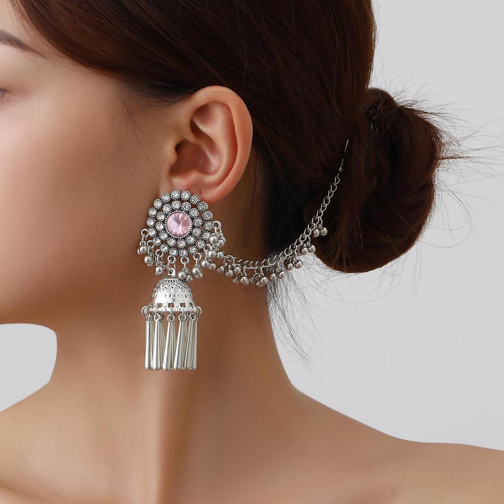 Bohemian Turquoise Pearl Tassel Earrings with Rhinestone Bell Studs In Ethnic Light Luxury Style