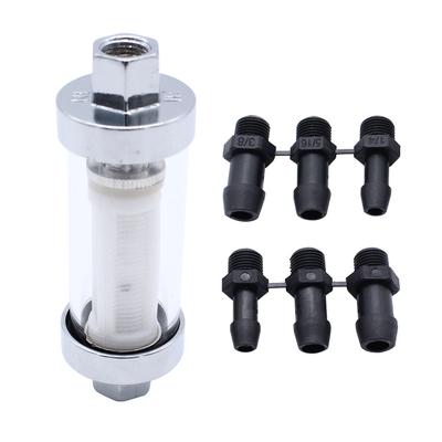 Universal 3/8"" 1/4"" 5/16"" Fittings Chrome Gas Glass Reusable Inline Fuel Filter with 6 Hoses