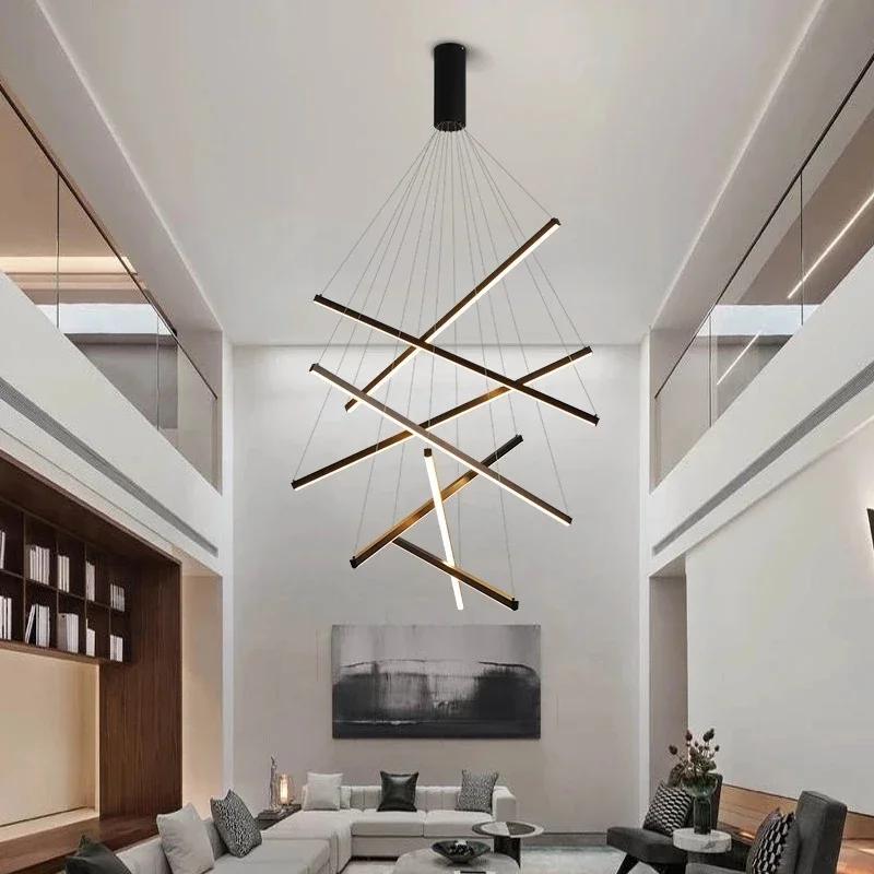 Black Stair Chandelier Modern LED Ceiling Lamp Long Line Interior Fixture for Living Room Duplex Hanging Lamp