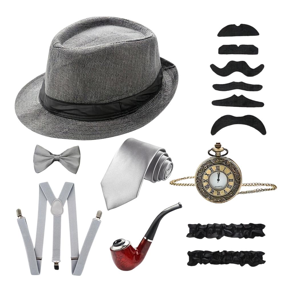 1920s Vintage Men Accessories Set Fedora Hat Suspenders Bow Tie Pocket Watch Smoking Pipe Mustache Stickers for Party Costume