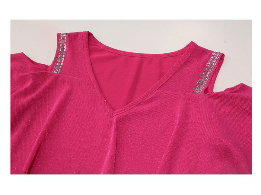2024 Chic Off-Shoulder Diamond Accent Lotus Sleeve T-Shirt