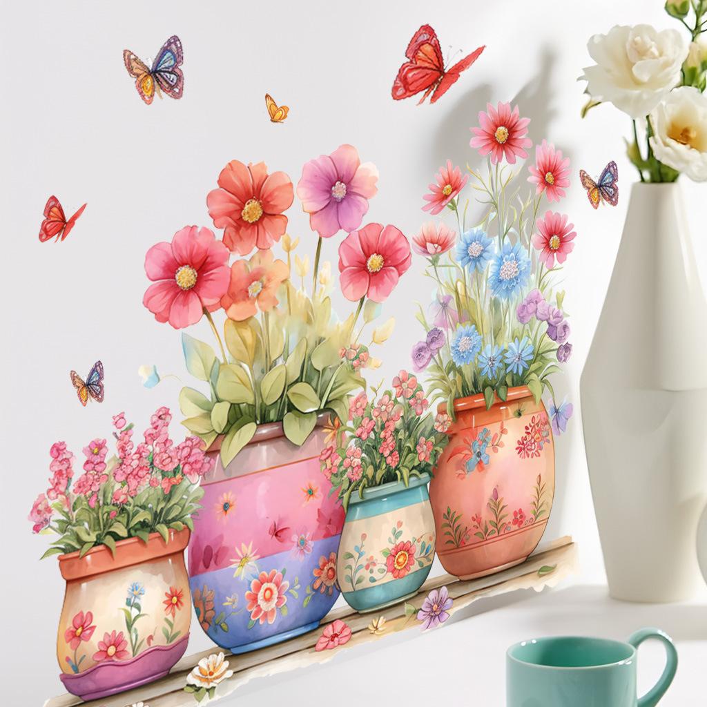 Floral Flower Pot with Butterfly Wall Stickers, Removable Anti-Static Waterproof Self-Adhesive PVC Decals for Living Room Bedroom Kitchen Decoration