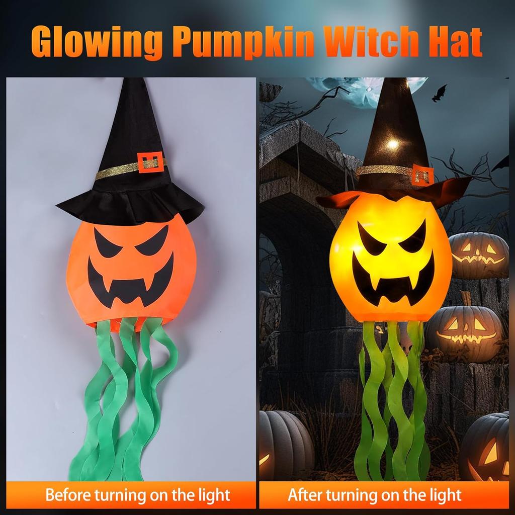 Outdoor Hanging Pumpkin Witch Hat LED Light Halloween Decor 3 Mode Glow Garden Yard Party Decorations Weatherproof Festive