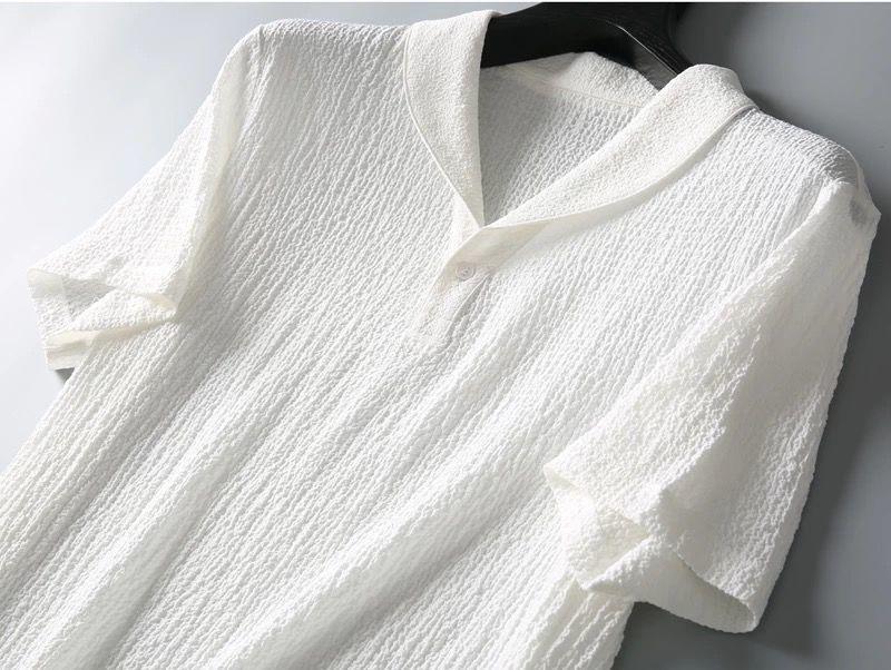 Men's Summer Lightweight Pleated Two-Piece Suit: Breathable, Fashionable Lapel Short Sleeve & Trousers