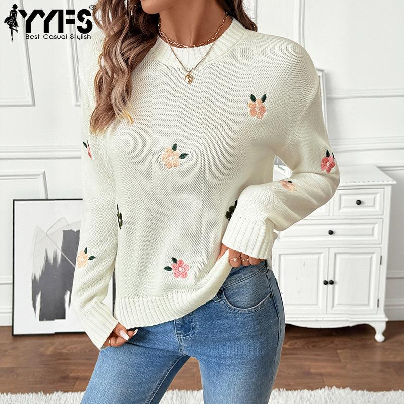 YYFS Women's Fashion Casual Fall Winter Flower Pattern Print Long Sleeve O-Neck Sweaters