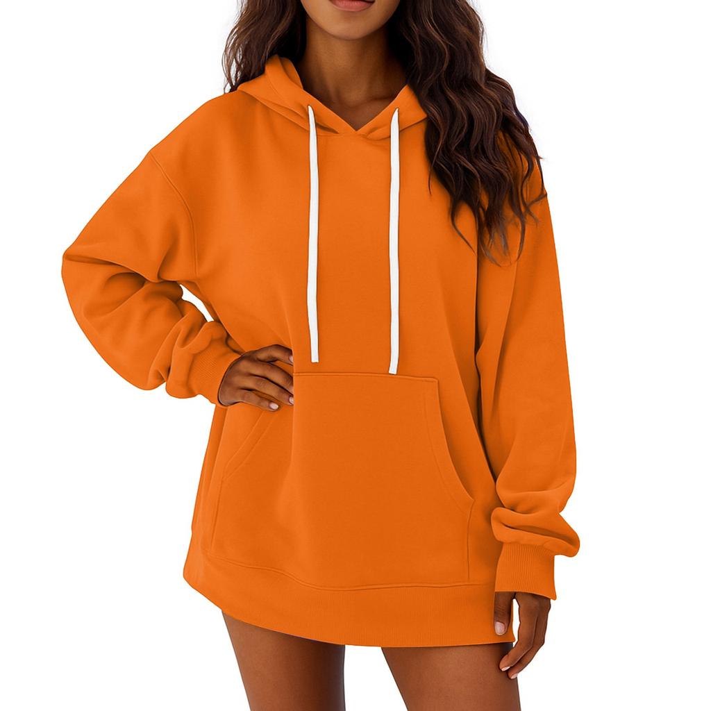 Women's Solid Color Long Sleeved Loose Casual Mid Length Pullover Hoodie Sweatshirt