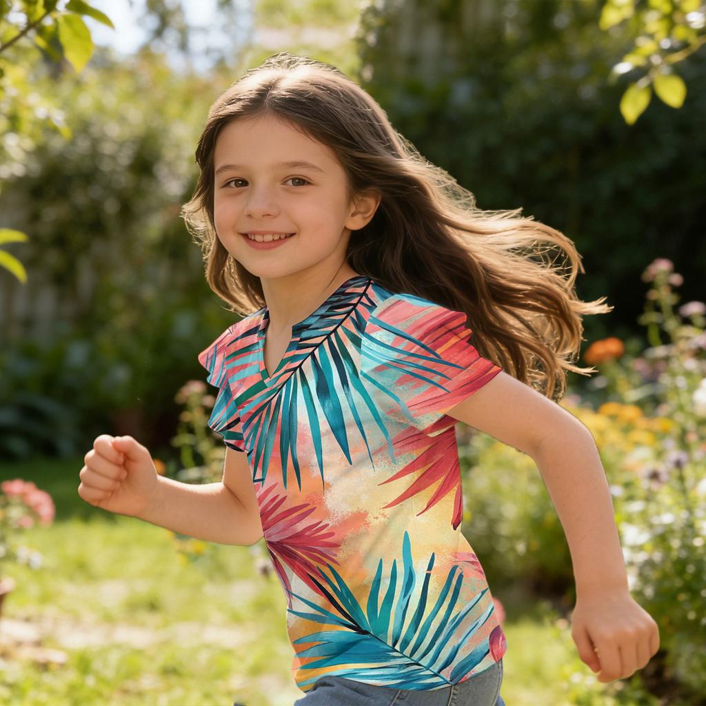 Mädchen V-Ausschnitt Rüschenärmel Hawaiian Print Kurzarm T-Shirt Lässige Bluse Leichtes Sommeroberteil für Kinder
